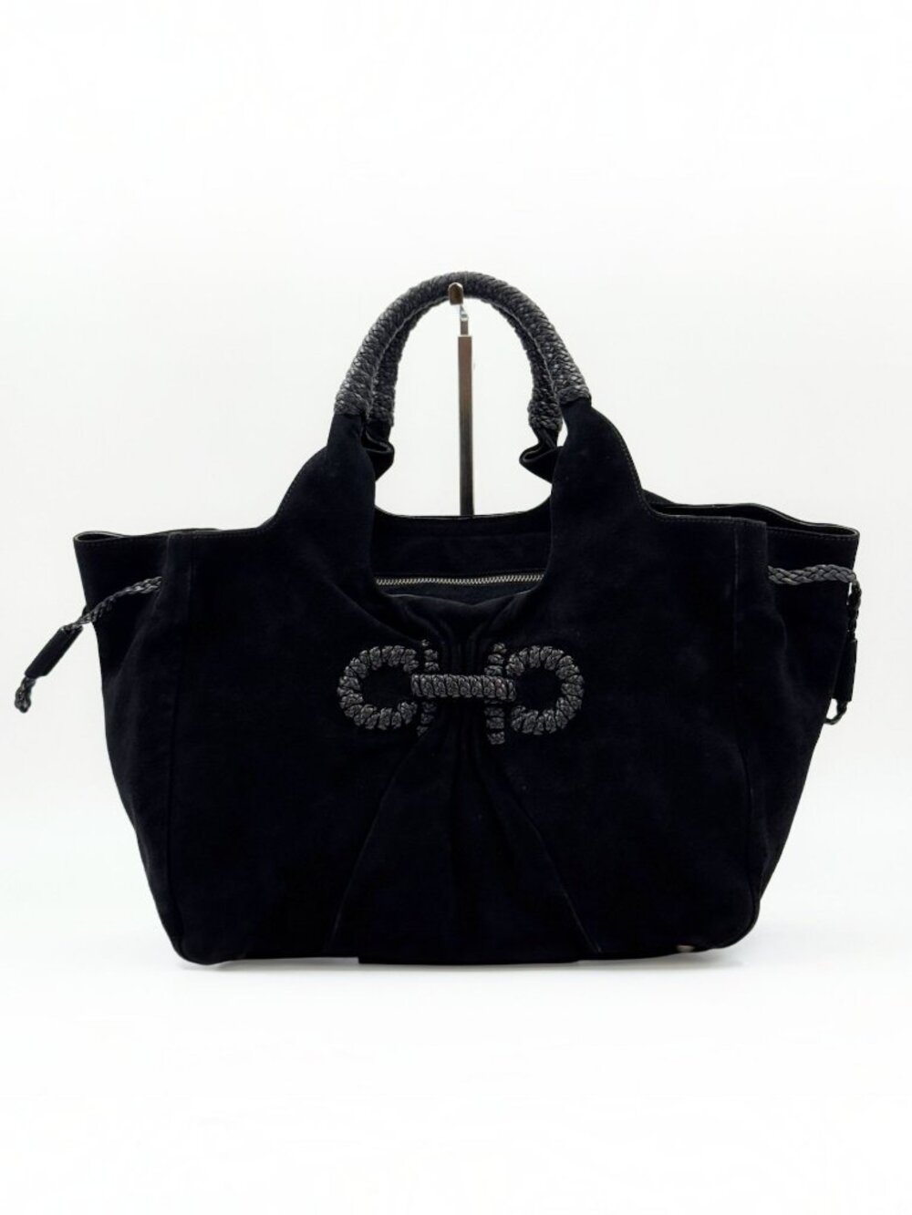 Salvatore Ferragamo Gancini Black Suede Tote Bag Braided Handle Shoulder Bag